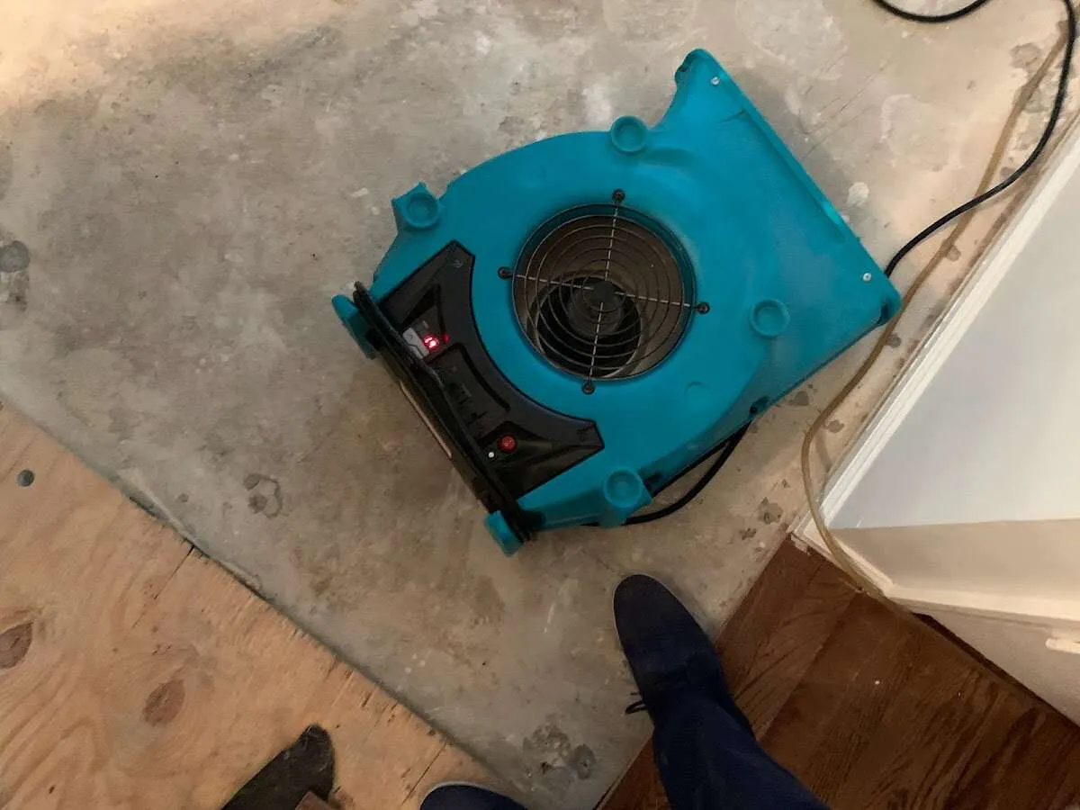 Air mover drying subfloor during Commercial Water Damage Restoration in East Stroudsburg